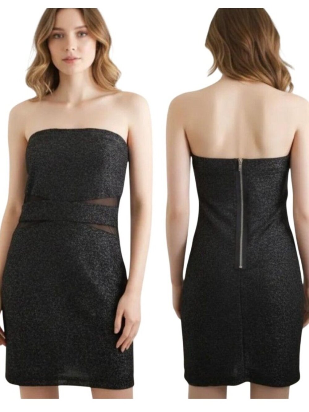 Speechless Black Strapless Glittery Mesh Panels Bodycon Mini Dress Women's Large